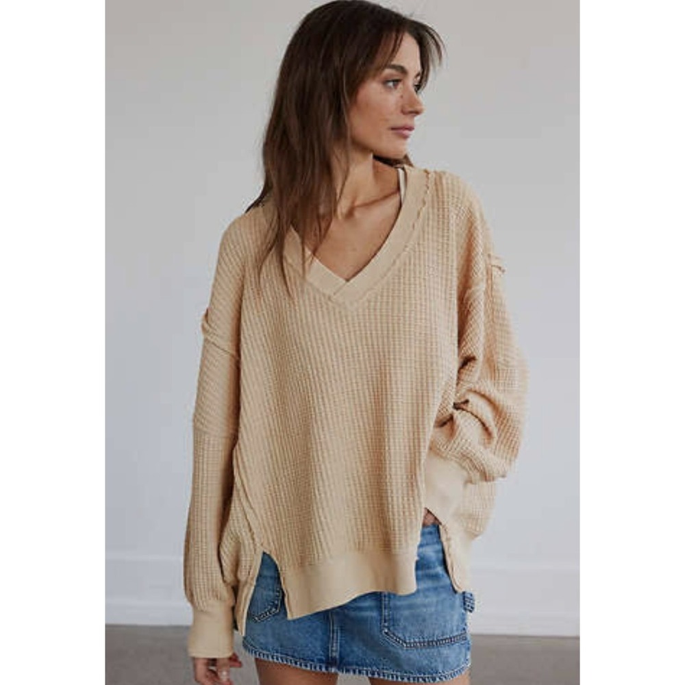 American Eagle Women Sweater Medium Cream Waffle Knit Oversized Casual relaxed